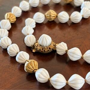 Vintage 1950’s White and Gold Fluted Bead Necklace; Plastic & Brass; 24”
